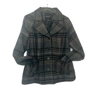 Relativity Plaid Gray Black Button Front Pea Coat Jacket Large